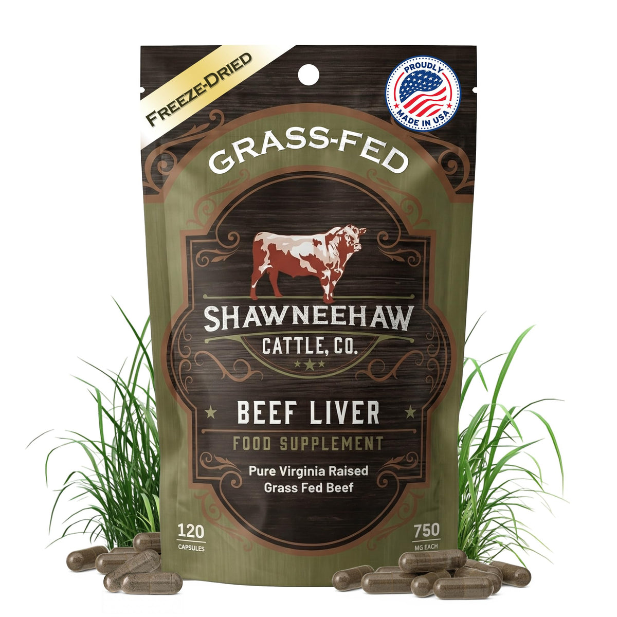Shawneehaw Cattle liver supplement bottle front, freeze-dried capsules for energy support.