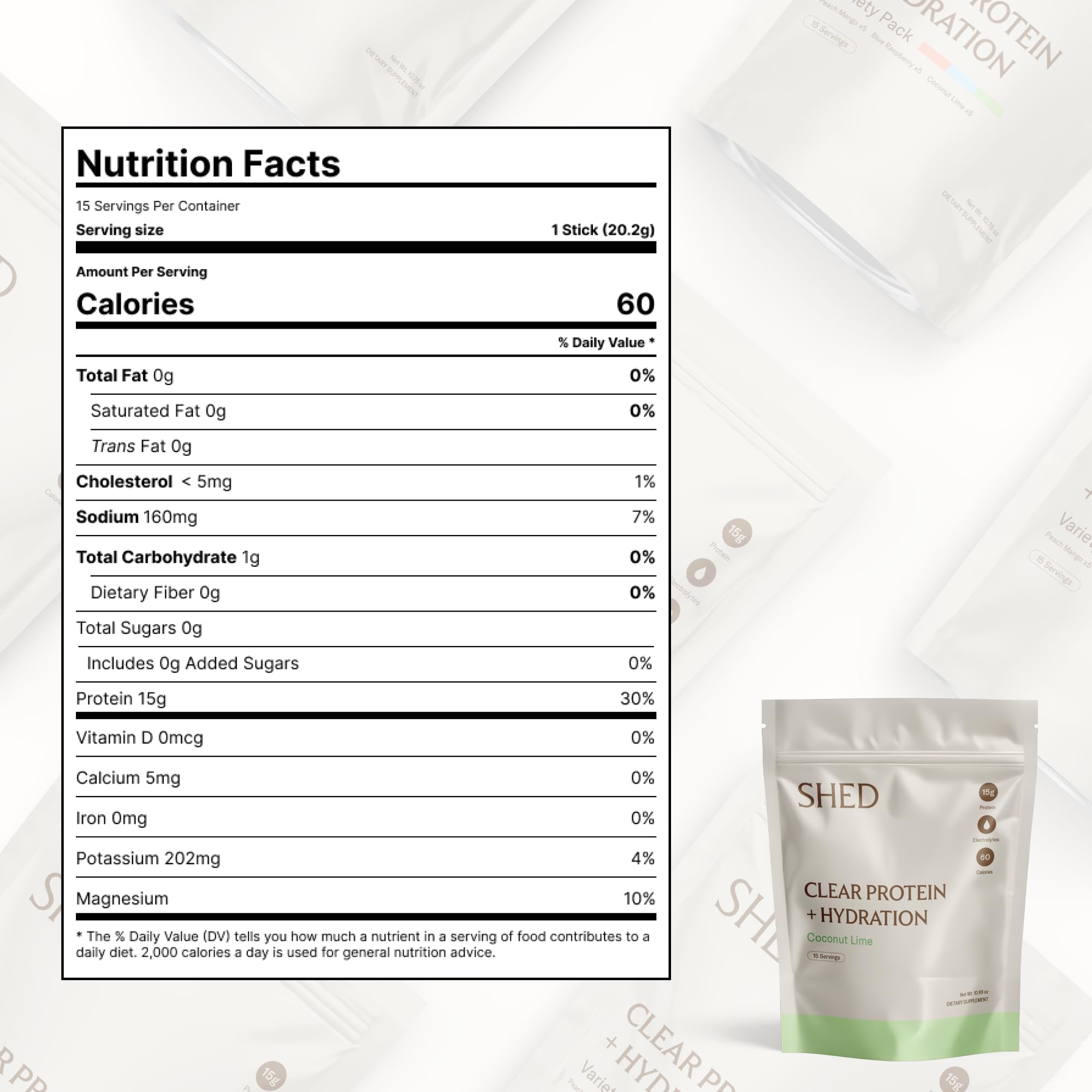 Shed Clear Protein Coconut Lime tumbler emphasizes tropical flavor and hydration benefits.