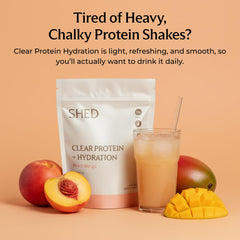 Shed Clear Protein with electrolytes glass highlighting hydration support