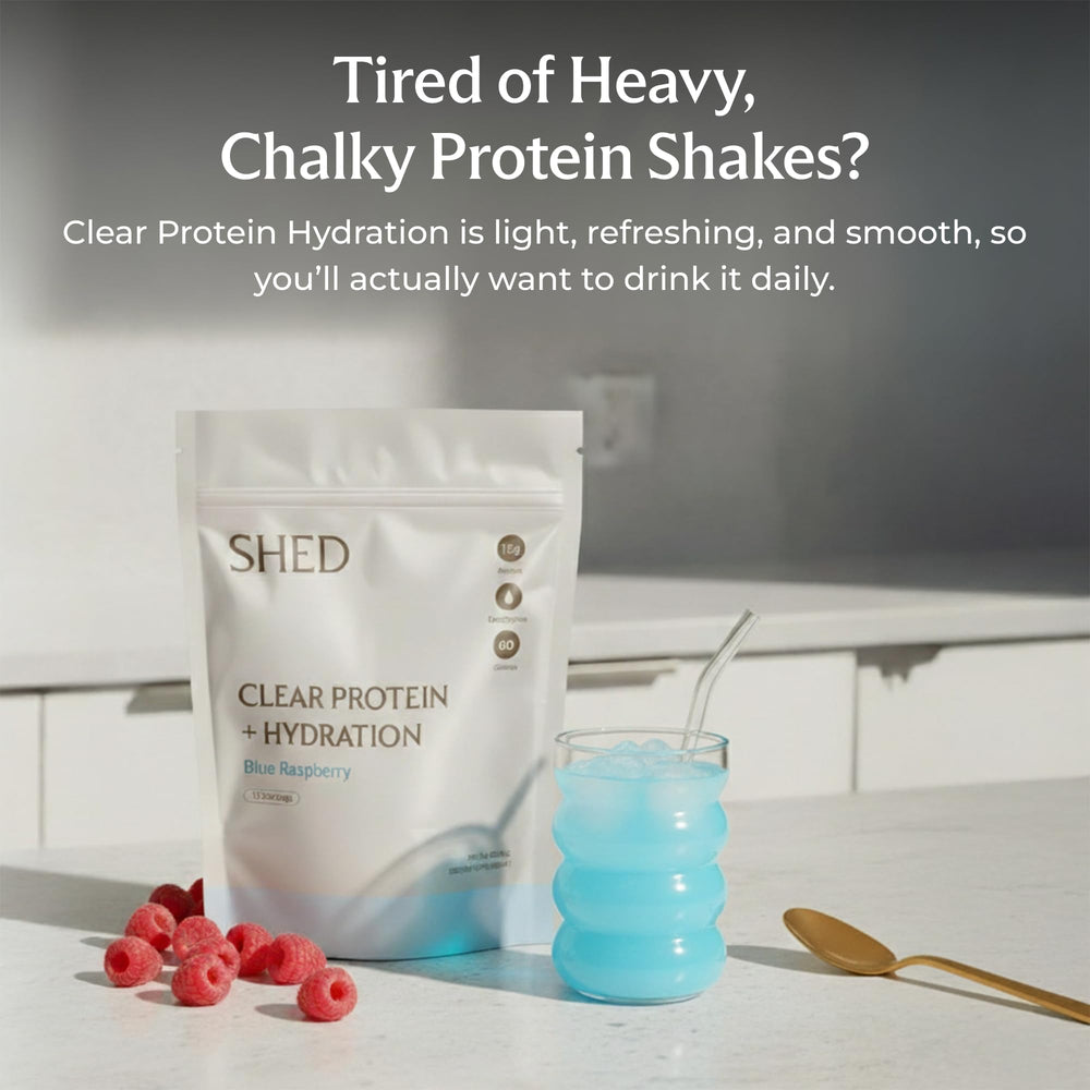 Shed Clear Protein label close-up shows 15 g whey isolate per scoop.