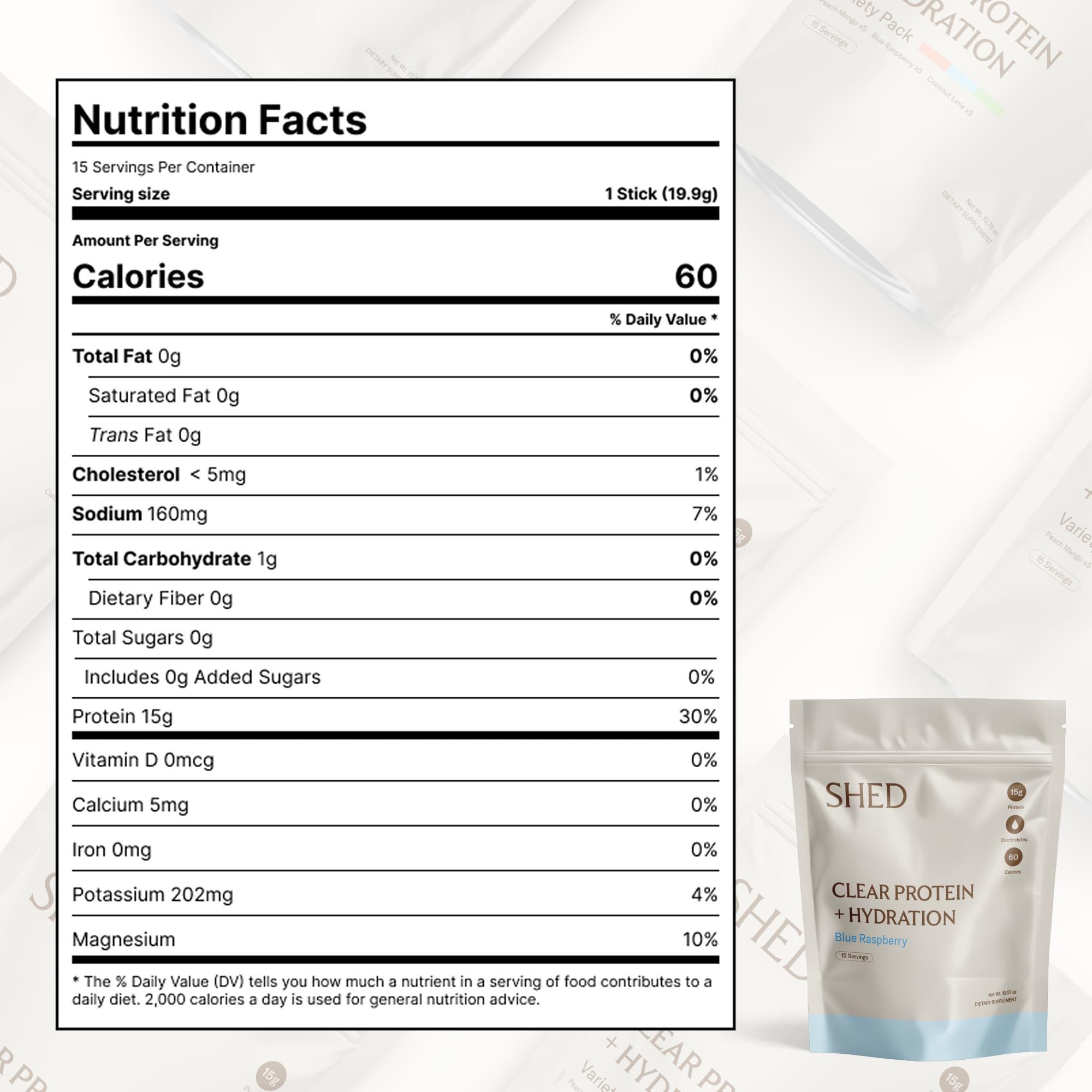 Shed Clear Protein no-bloat, light finish image emphasizes clean mix and feel.