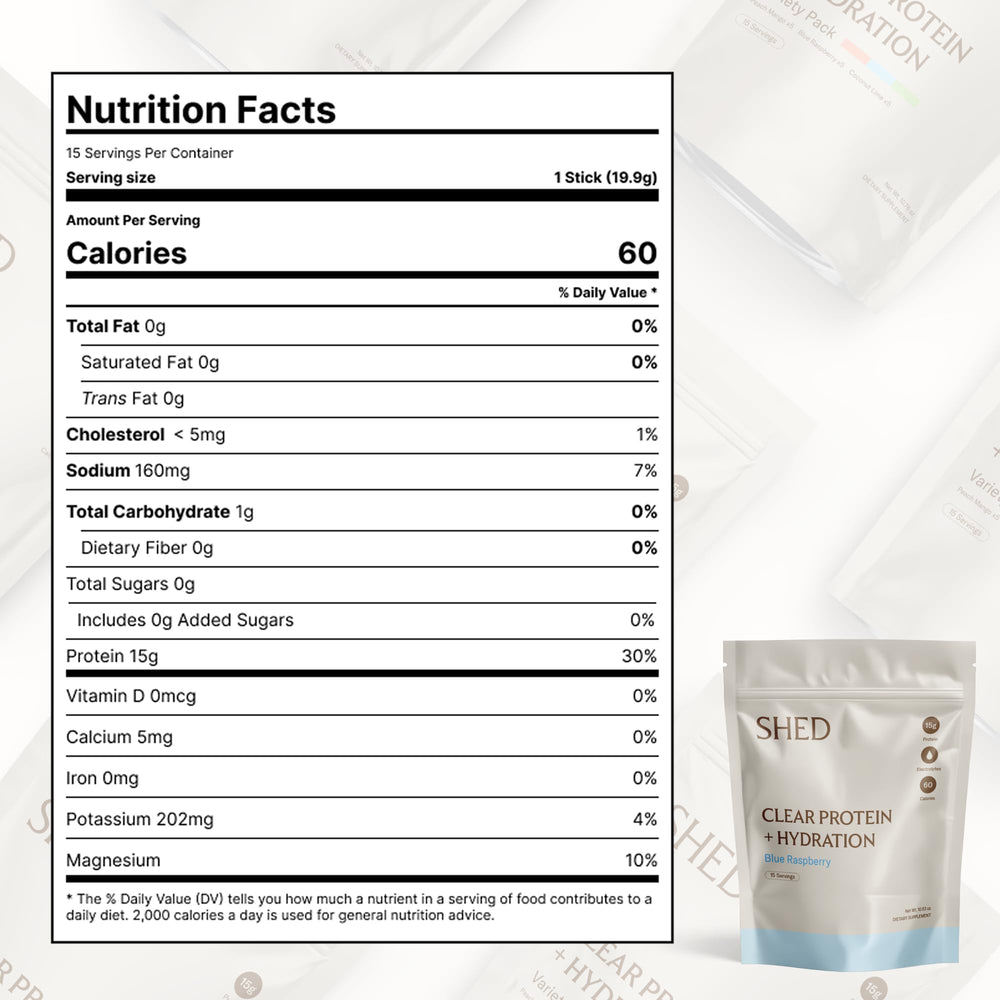 Shed Clear Protein no-bloat, light finish image emphasizes clean mix and feel.