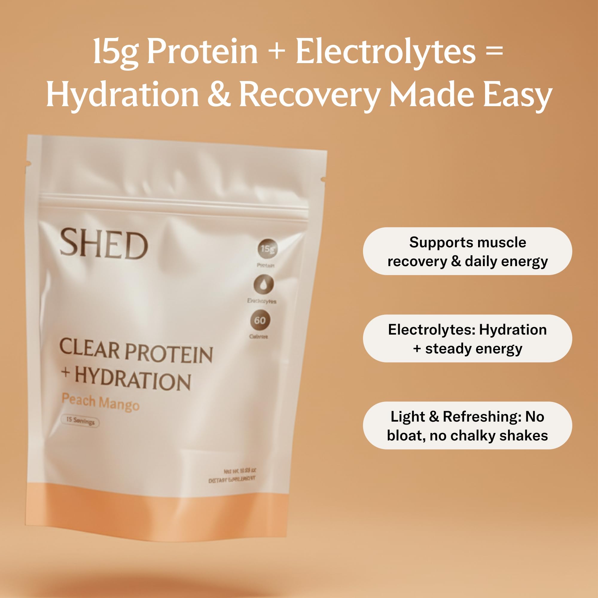 Shed Clear Protein Peach Mango bottle poured into a glass