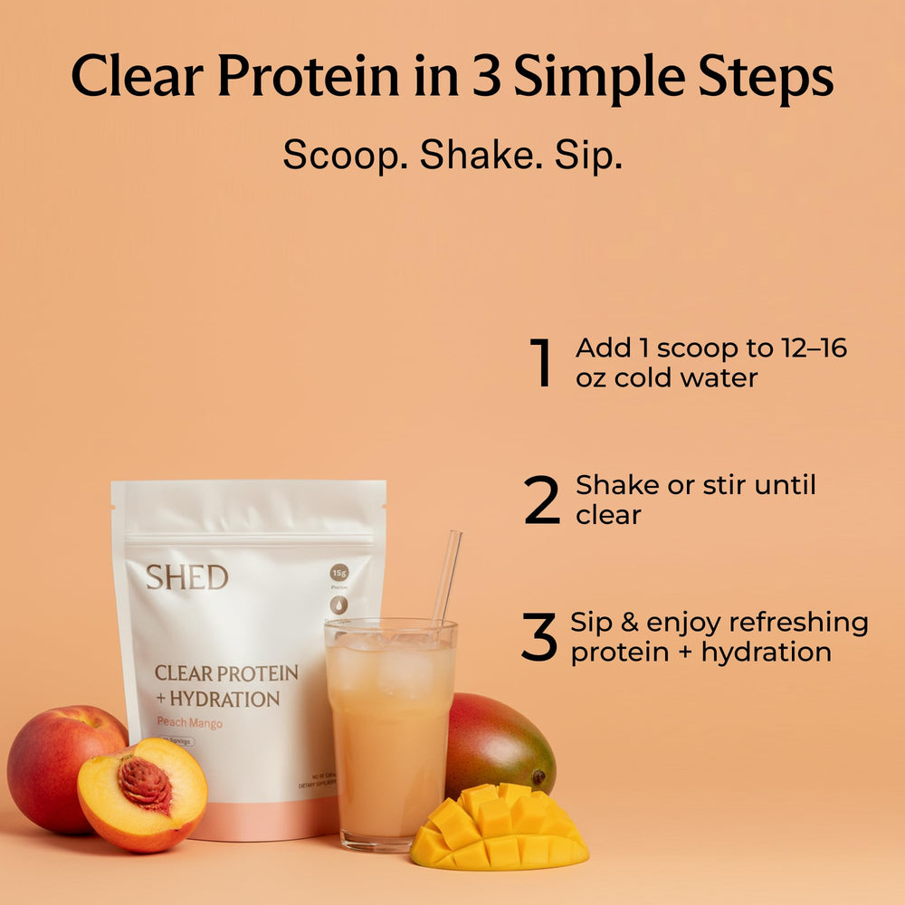 Shed Clear Protein Peach Mango glass showcases fruity taste and hydration.