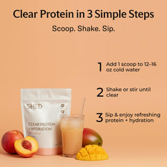 Shed Clear Protein Peach Mango glass showcases fruity taste and hydration.