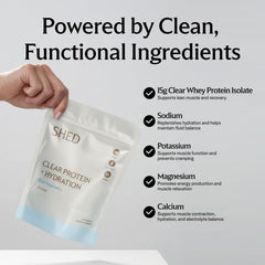 Shed Nutrition Clear Protein label close-up showing 15g whey isolate per scoop.