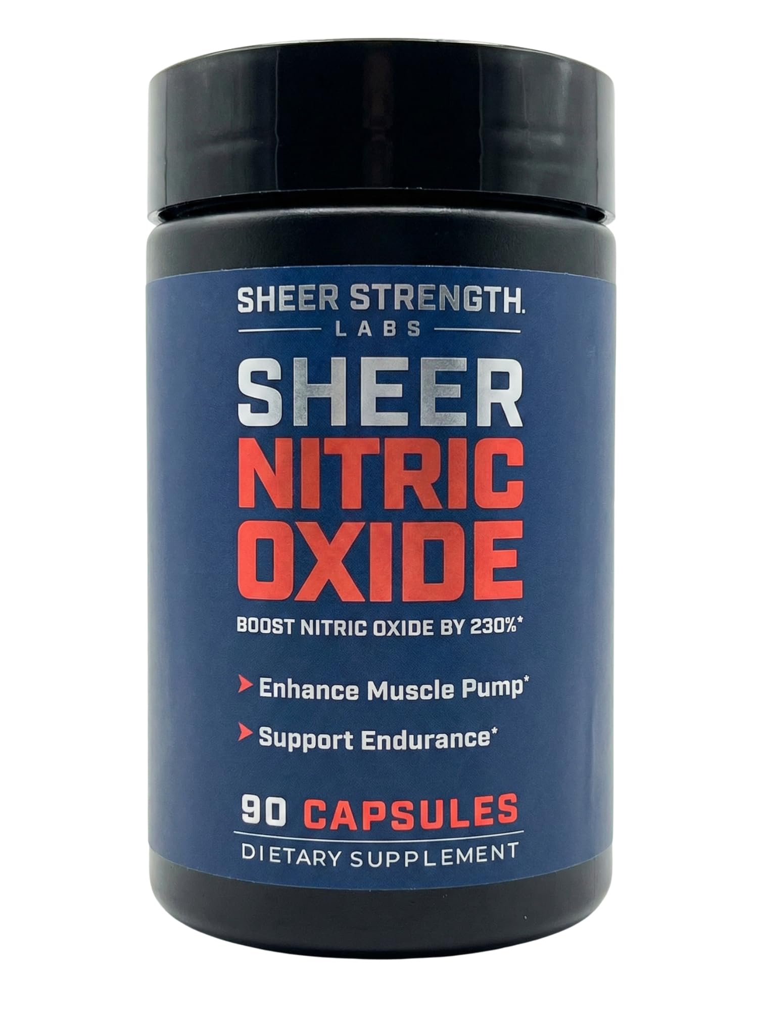 Sheer Strength Labs nitric oxide bottle pour supports quick pump and focus during workouts.