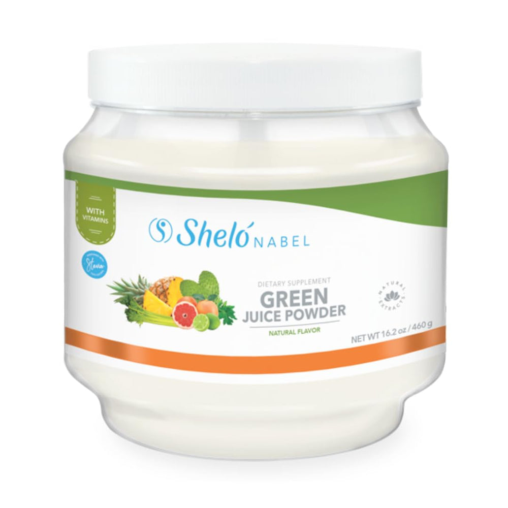 Sheló NABEL Green Juice Premix close-up showing powder texture for daily immune support.