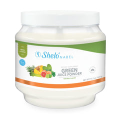 Sheló NABEL Green Juice Premix close-up showing powder texture for daily immune support.