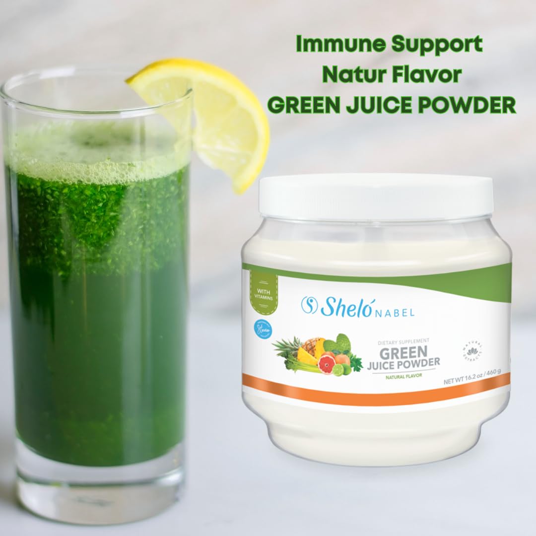 Sheló NABEL Green Juice Premix being stirred into water for a refreshing wellness boost.