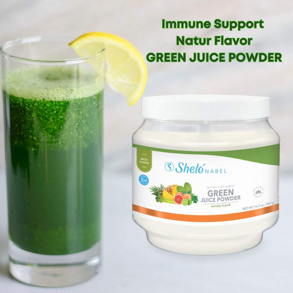 Sheló NABEL Green Juice Premix being stirred into water for a refreshing wellness boost.