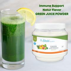 Sheló NABEL Green Juice Premix being stirred into water for a refreshing wellness boost.