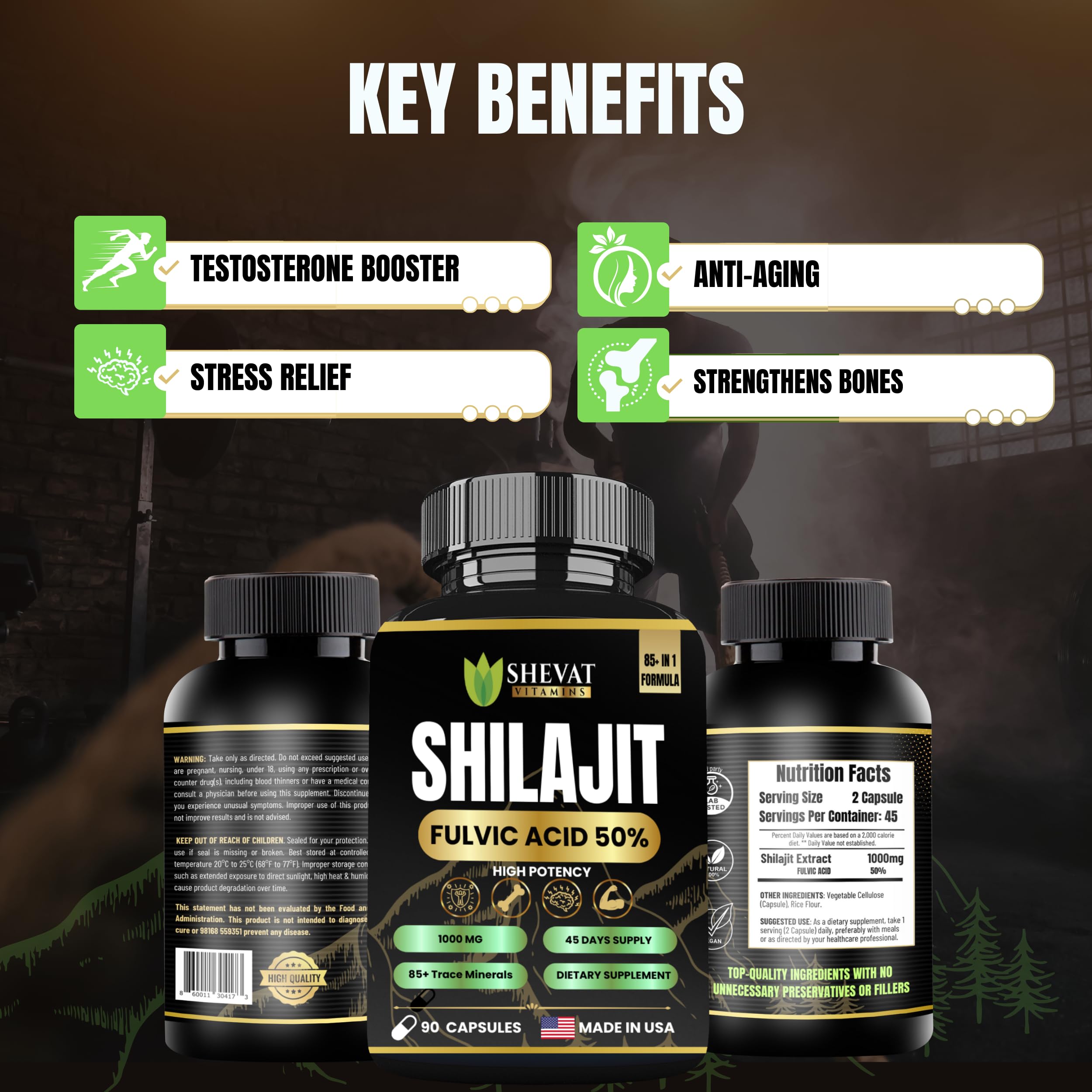 SHEVAT VITAMINS Shilajit Capsules USA Made bottle on kitchen shelf