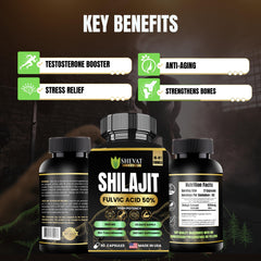 SHEVAT VITAMINS Shilajit Capsules USA Made bottle on kitchen shelf