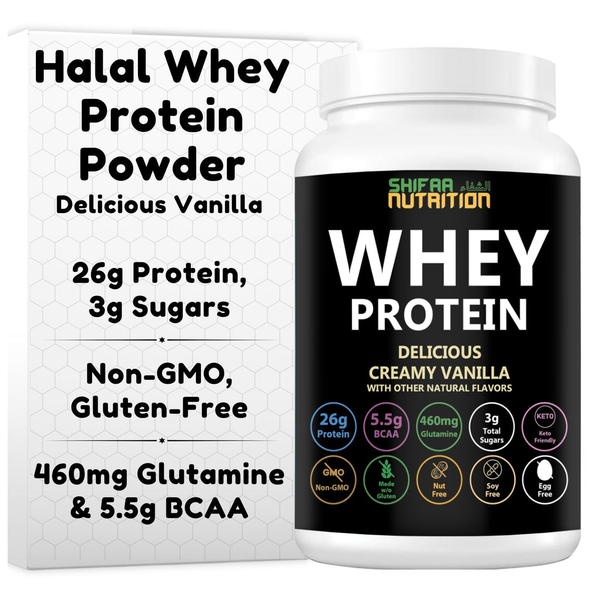 SHIFAA NUTRITION Delicious Vanilla Whey Bottle, halal and gluten-free protein for post-workout