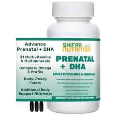 SHIFAA NUTRITION halal prenatal bottle with DHA and folic acid softgels for fetal support