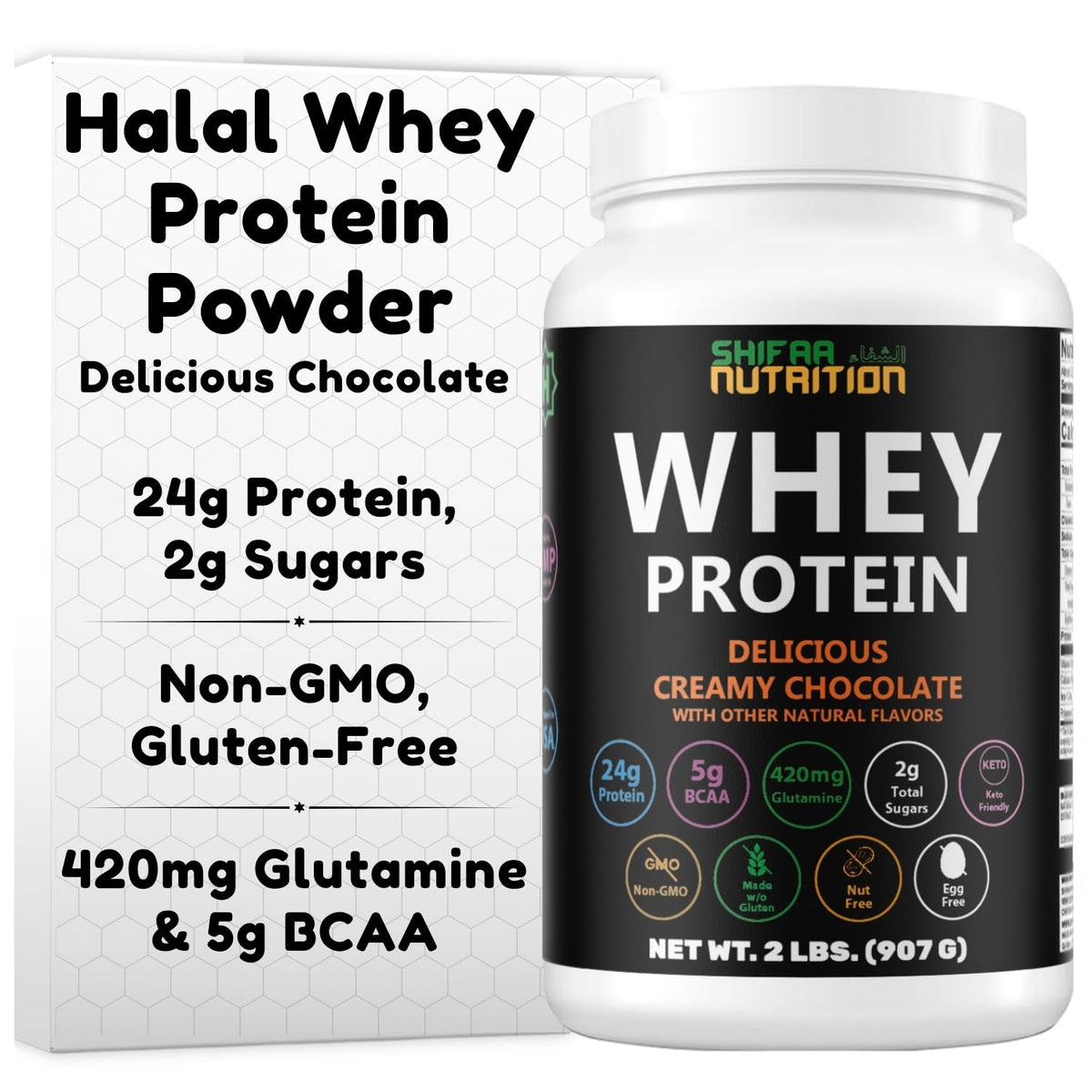 SHIFAA NUTRITION halal whey protein packaging label emphasizing clean ingredients.