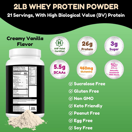 SHIFAA NUTRITION Vanilla whey powder scoop highlighting high BV protein for muscle support