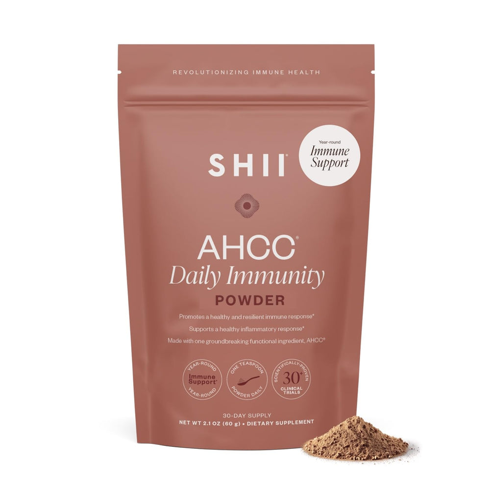 SHII AHCC Daily Immunity Powder bottle front highlights vegan formula