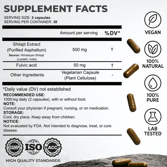 SHILAHEAL Shilajit capsules, 500mg each, designed for easy daily intake and sustained stamina.