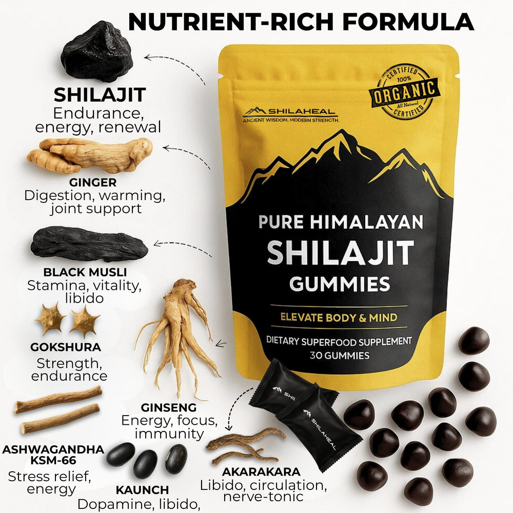 SHILAHEAL Shilajit Gummies fulvic acid and minerals for absorption.