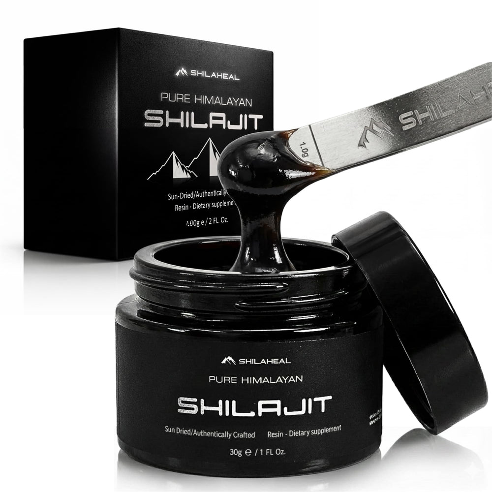 SHILAHEAL Shilajit resin bottle close-up, potent daily energy option.