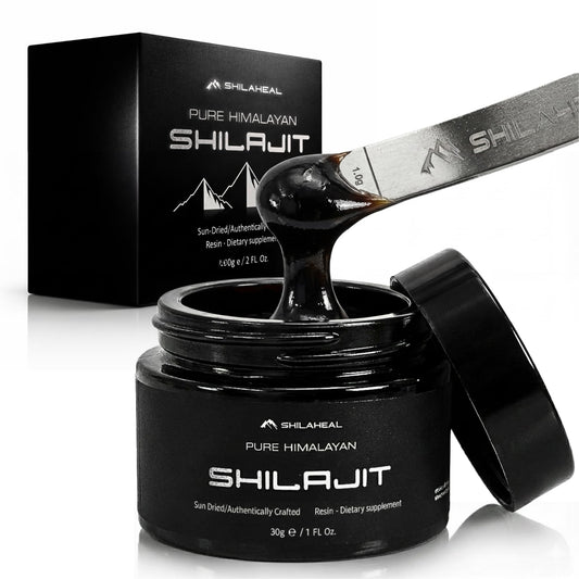 SHILAHEAL Shilajit resin bottle close-up, potent daily energy option.