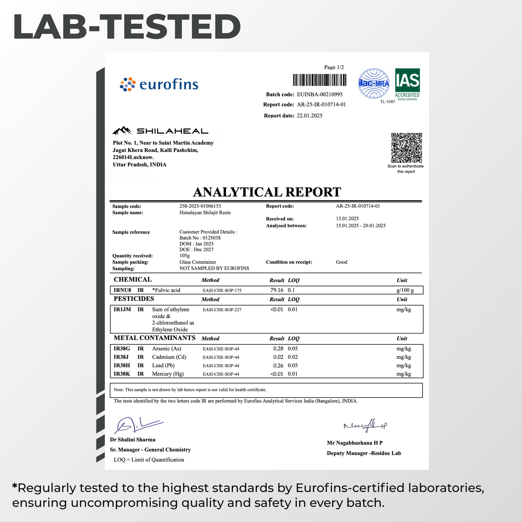 SHILAHEAL lab-tested label emphasizing safety and purity.