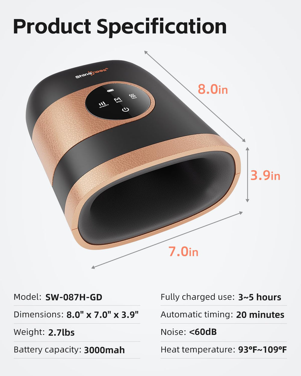 SHINE WELL hand massager 20-minute timer supports convenient short sessions