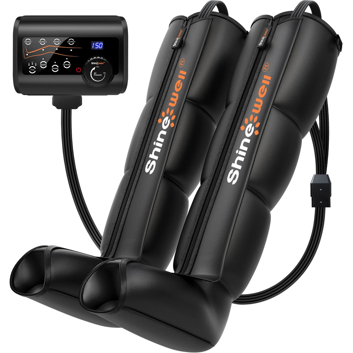 SHINE WELL leg recovery boot front view with four-zone chambers for targeted relief