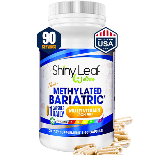 Shiny Leaf bariatric multivitamin bottle front aids daily post-surgery nutrition.
