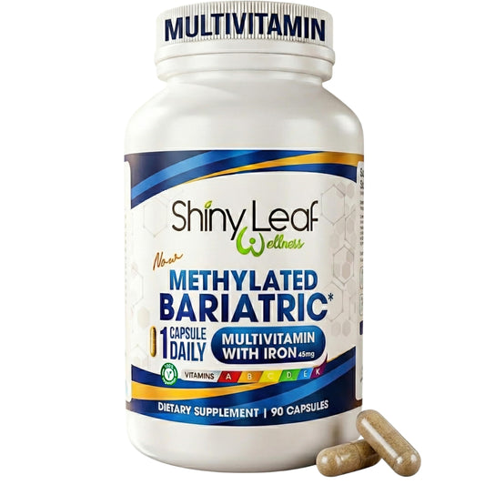 Shiny Leaf bariatric multivitamin bottle on kitchen counter for daily essential nutrients