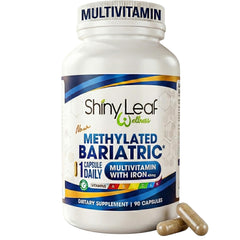 Shiny Leaf bariatric multivitamin bottle on kitchen counter for daily essential nutrients