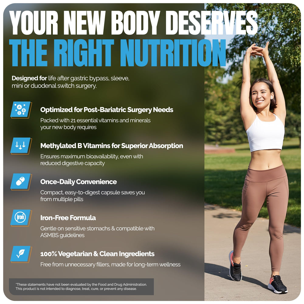 Shiny Leaf bariatric multivitamin label highlighting iron-free formulation.