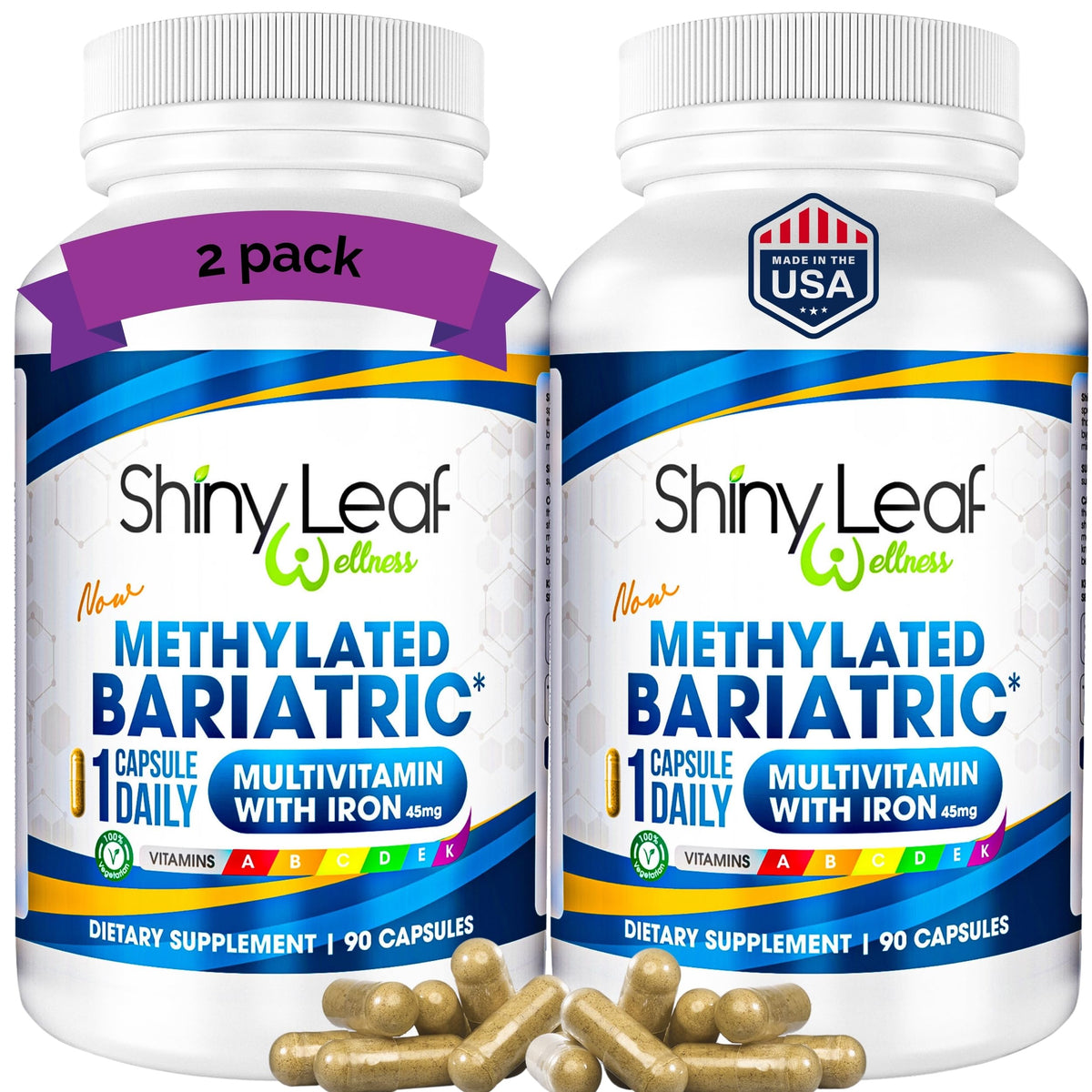 Shiny Leaf Methylated Bariatric Multivitamin bottle pour for easy daily routine