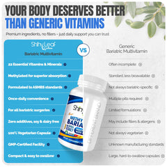 Shiny Leaf Methylated Bariatric Multivitamin label back shows allergen-free and non-GMO claim
