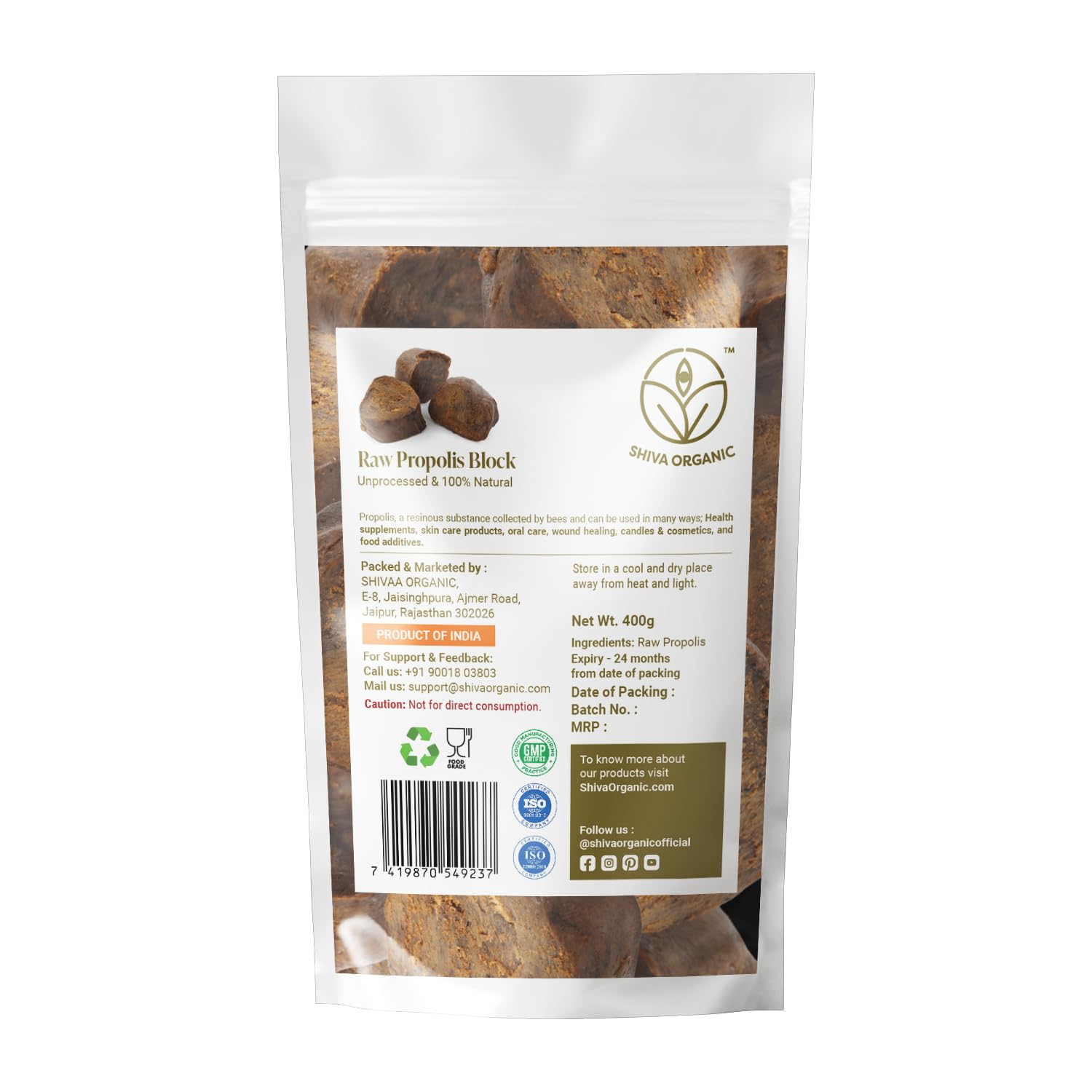 Shiva Organic Raw Propolis Block front view shows pure, unprocessed resin for DIY skincare.