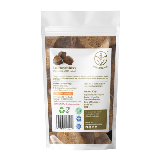 Shiva Organic Raw Propolis Block front view shows pure, unprocessed resin for DIY skincare.