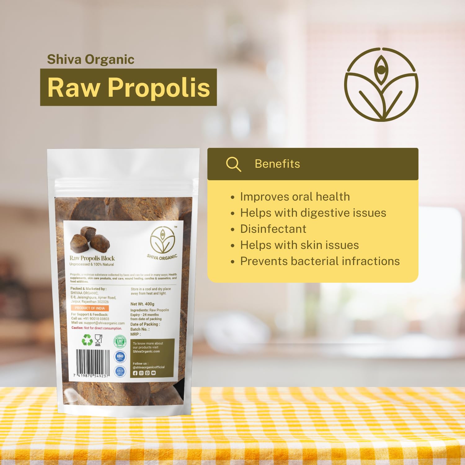 Shiva Organic Raw Propolis Block packaging close-up emphasizes sealed freshness for lasting potency.