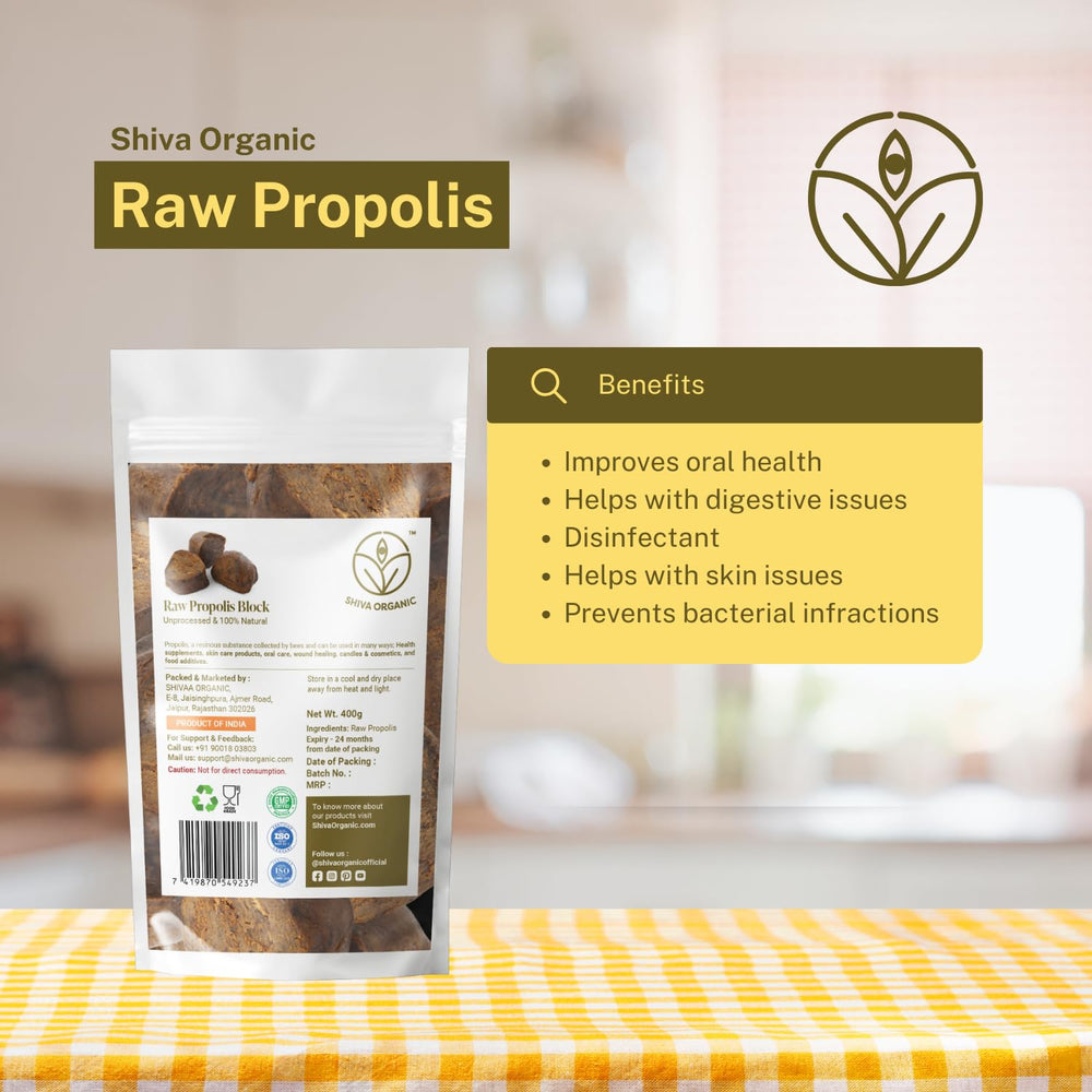Shiva Organic Raw Propolis Block packaging close-up emphasizes sealed freshness for lasting potency.