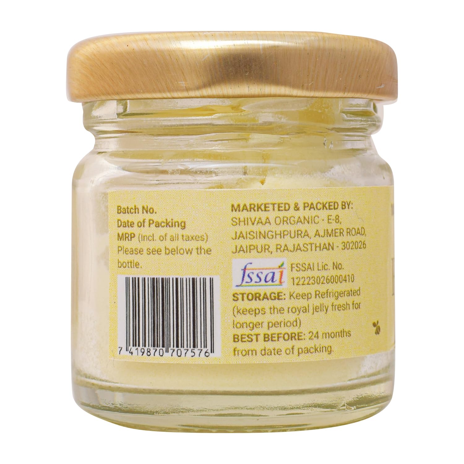 Shiva Organic Royal Jelly Powder compact bottle with label indicating quality source.
