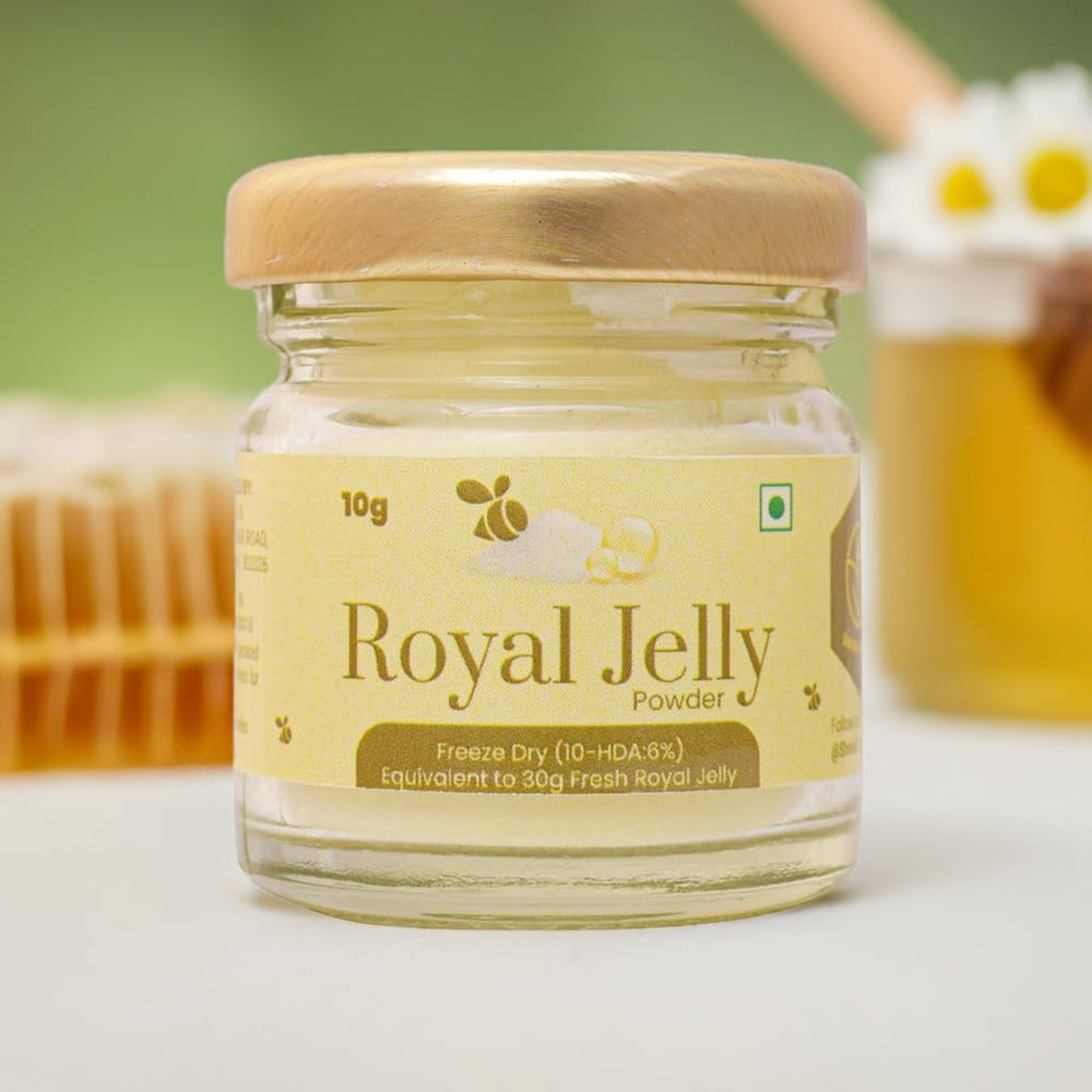Shiva Organic Royal Jelly Powder jar close-up, emphasizing rich minerals and vitamins.