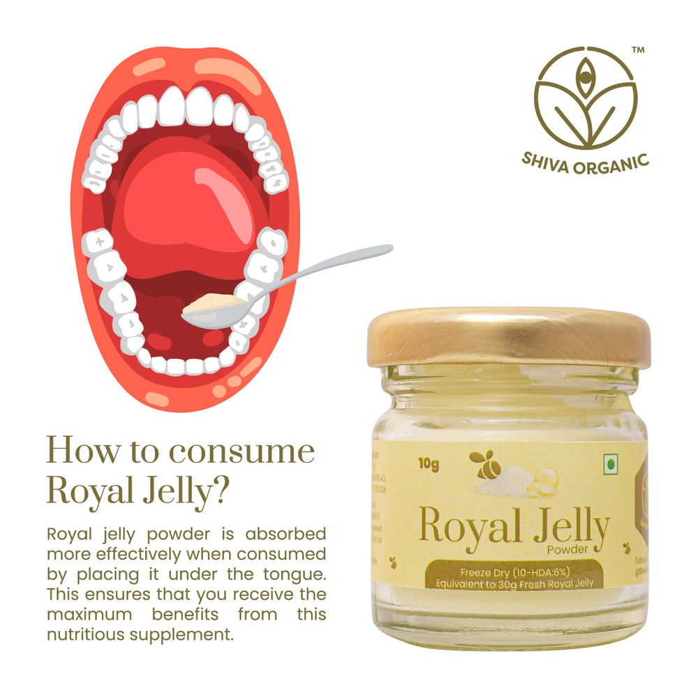 Shiva Organic Royal Jelly Powder in a kitchen setting for daily nutrition.