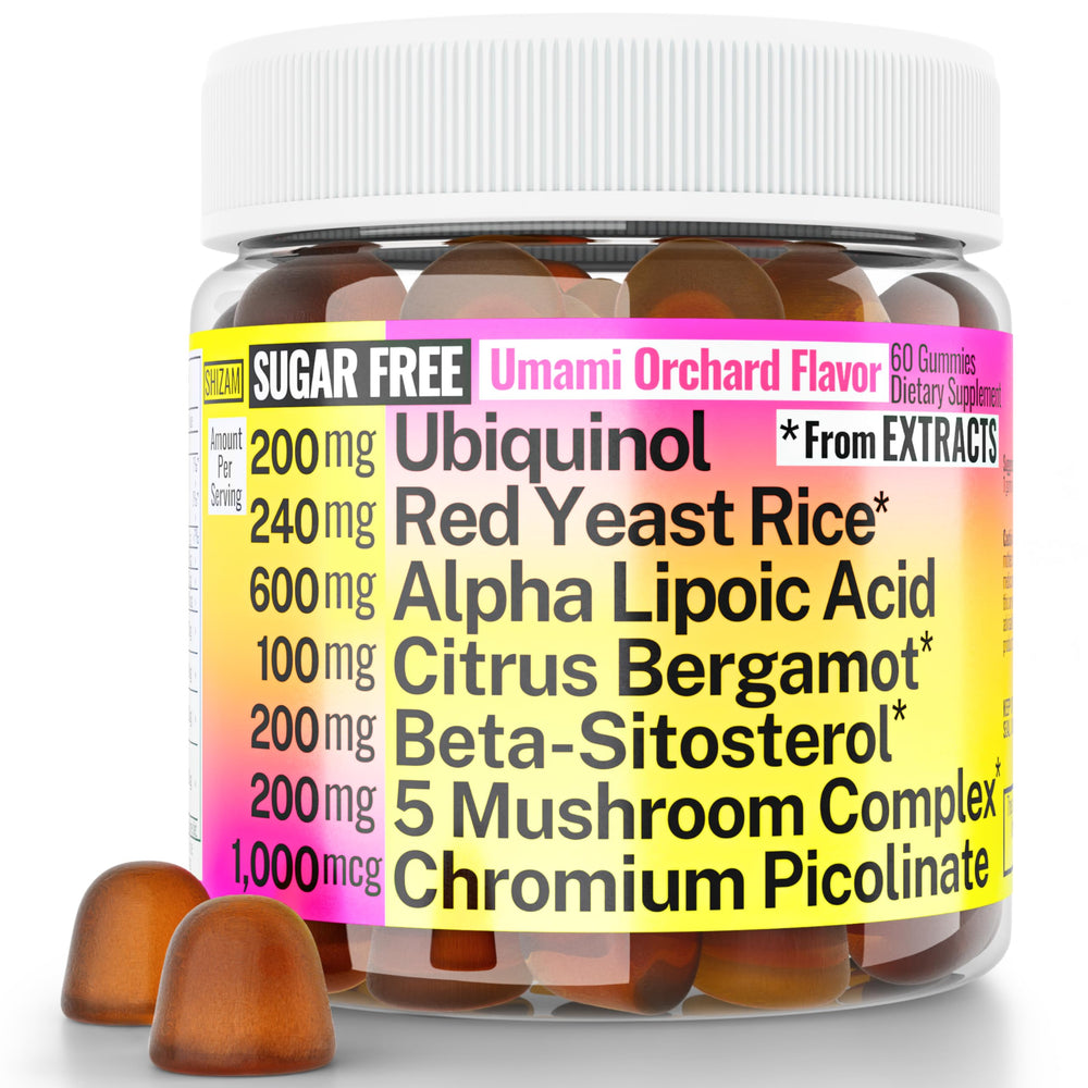 SHIZAM 7-in-1 gummies bottle with Umami Orchard flavor for on-the-go vitality.
