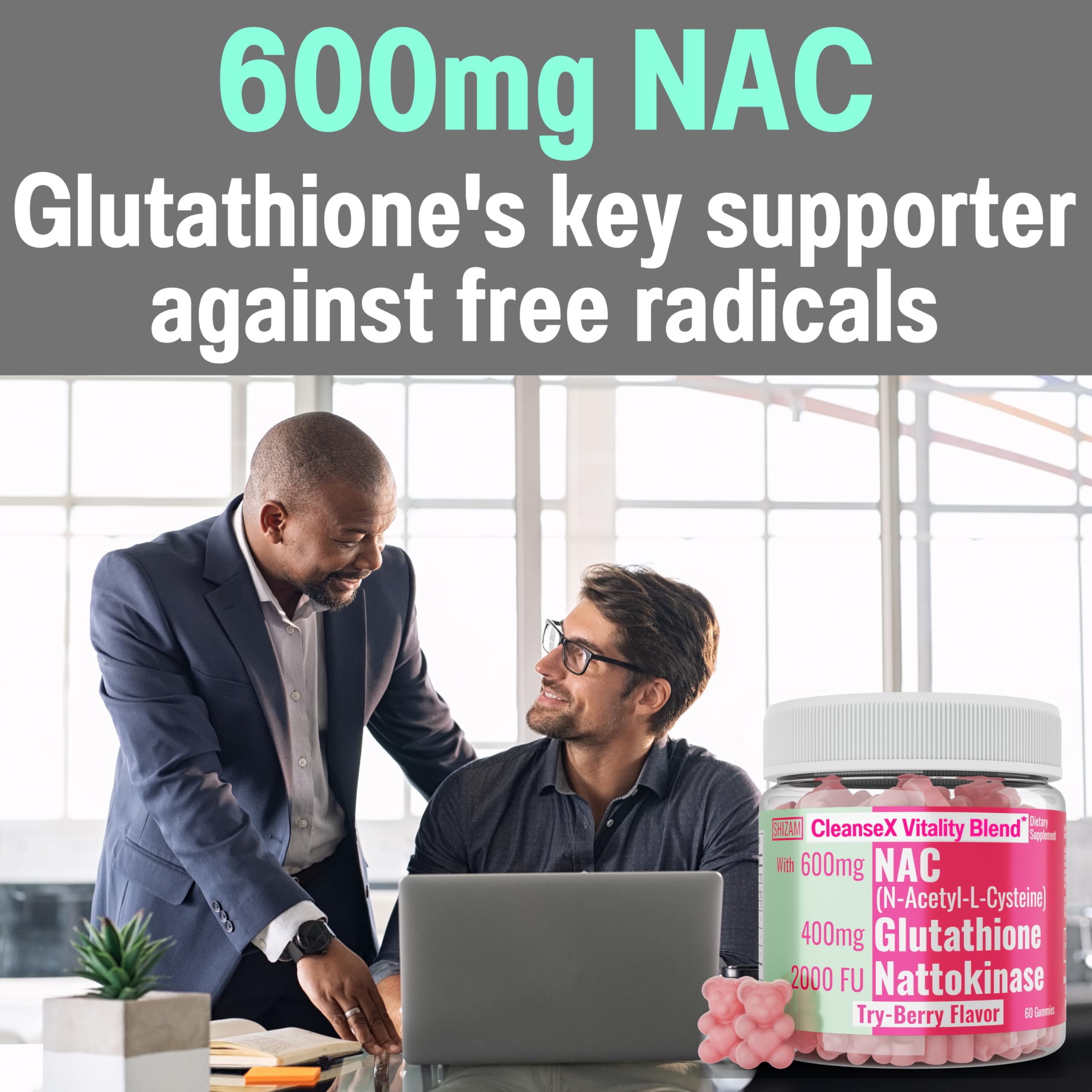 SHIZAM ingredients panel highlights NAC, nattokinase, and reduced glutathione.