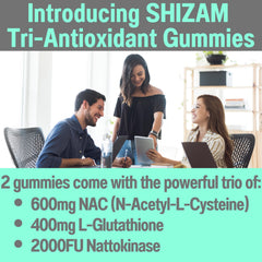 SHIZAM label on gummies shows NAC, nattokinase, and glutathione blend.