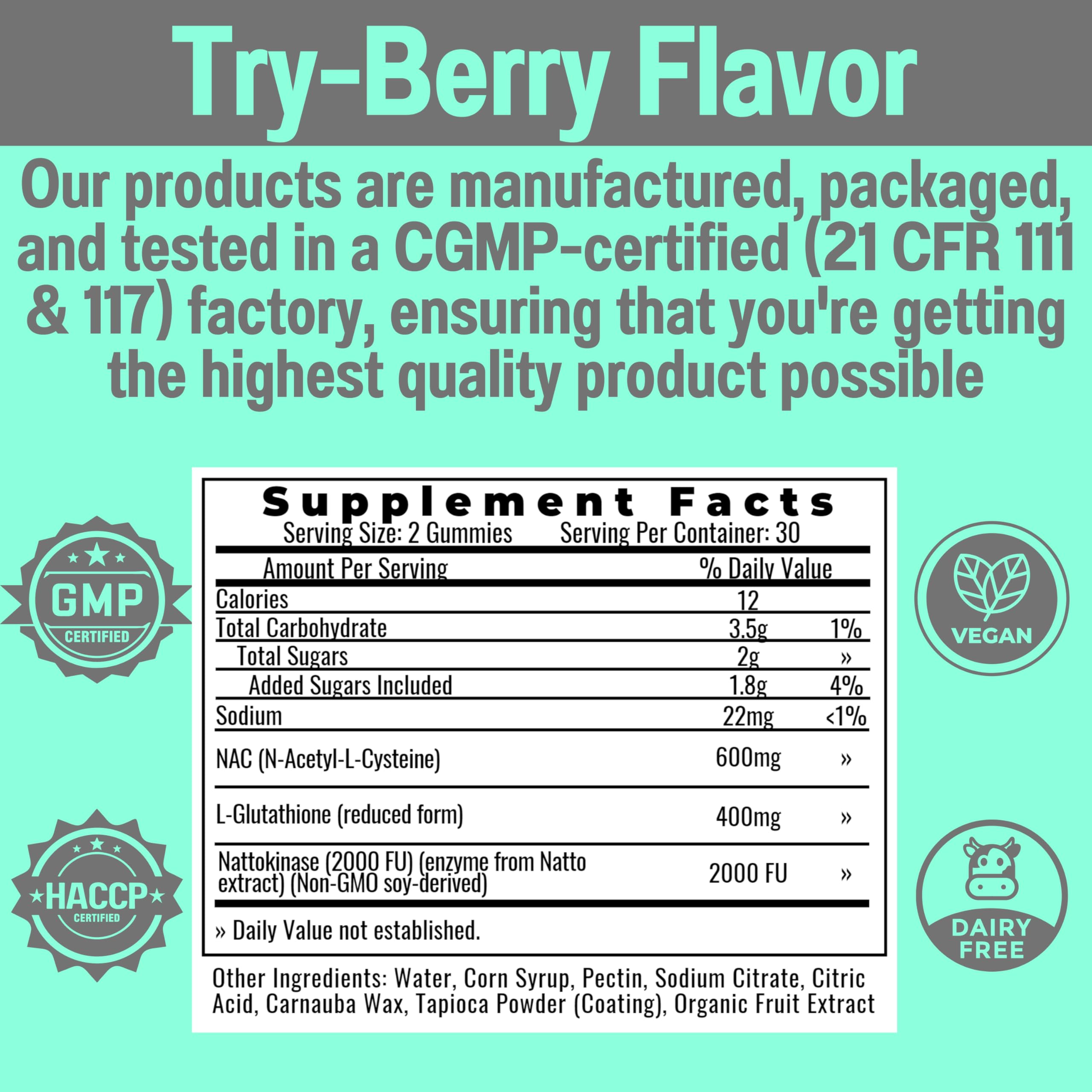 Nutritional facts panel for SHIZAM NAC gummies with serving details.