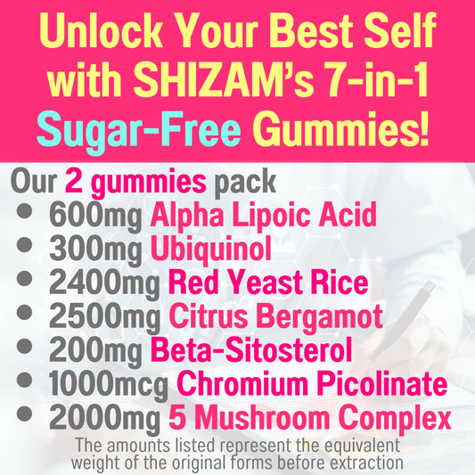SHIZAM umami orchard gummies close-up highlighting sugar-free formula for daily wellness.