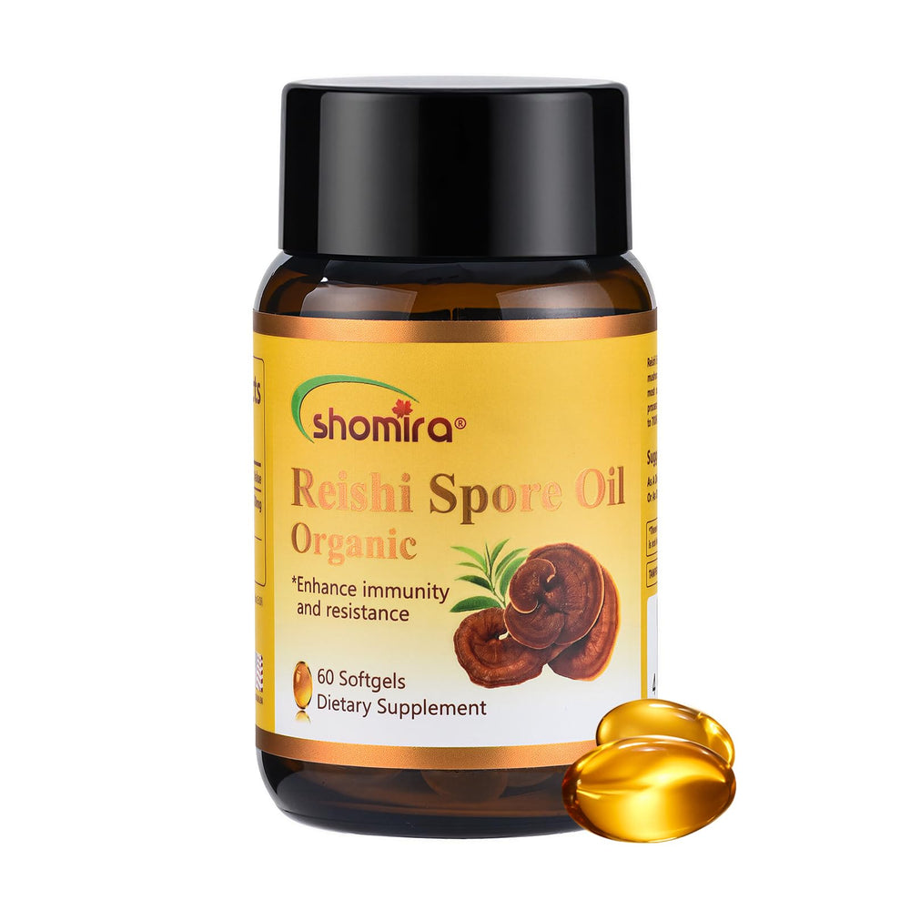 Shomira Reishi Spore Oil bottle highlighting concentrated triterpenes for immune support.