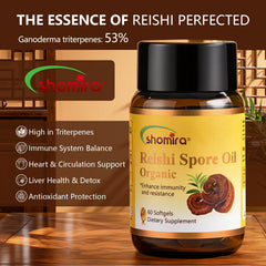 Shomira Reishi Spore Oil capsules shown for convenient daily wellness use.